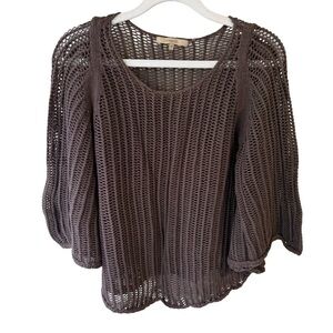 RW&CO. Brown Crew Neck Sweater with Ribbed Knit and Puff Sleeves